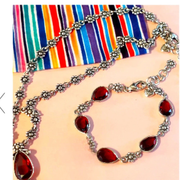 Brighton Silver Plated pink-red Glass Teardrop Charm Necklace / Bracelet Set. - Picture 1 of 11